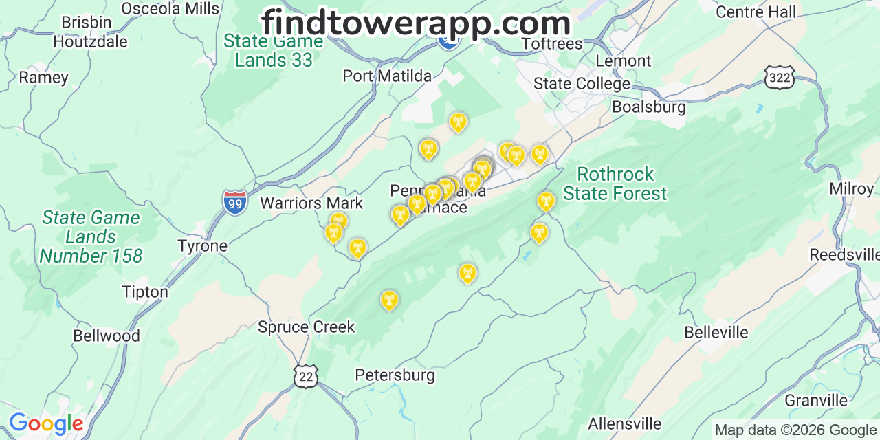 Map showing the 33 primary Verizon cell tower locations detected in Mainvillr, Pennsylvania with coverage radius and signal strength indicators