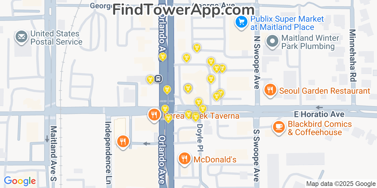 Map showing the 20 primary cell tower locations detected in Maitland, Florida from AT&T, Verizon, and T-Mobile networks