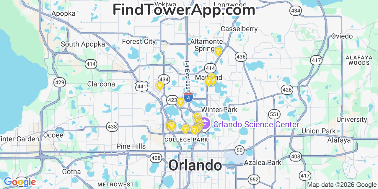 Map showing the 20 primary cell tower locations detected in Maitland, Florida from AT&T, Verizon, and T-Mobile networks