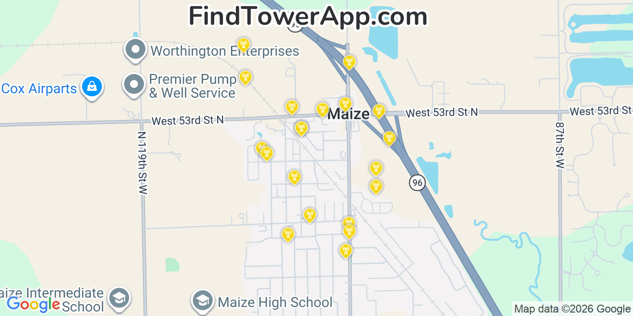 Map showing the 20 primary cell tower locations detected in Maize, Kansas from AT&T, Verizon, and T-Mobile networks