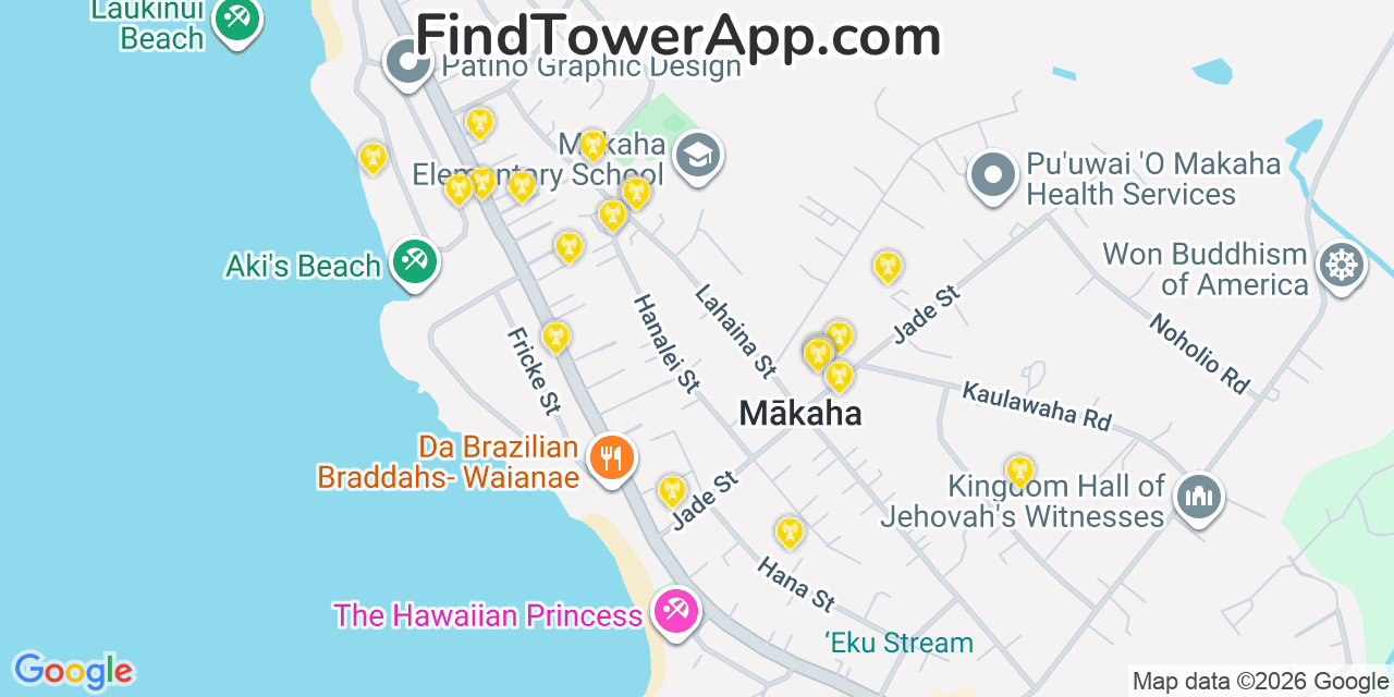 Map showing the 20 primary cell tower locations detected in Mākaha, Hawaii from AT&T, Verizon, and T-Mobile networks