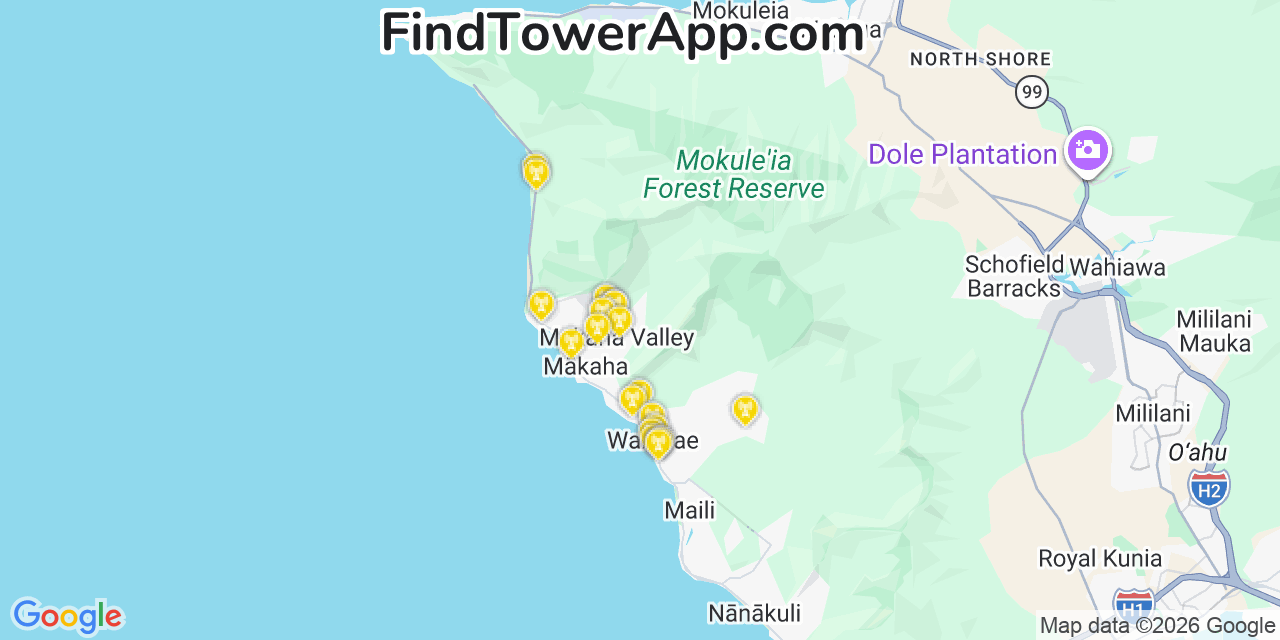 Map showing the 20 primary cell tower locations detected in Mākaha Valley, Hawaii from AT&T, Verizon, and T-Mobile networks