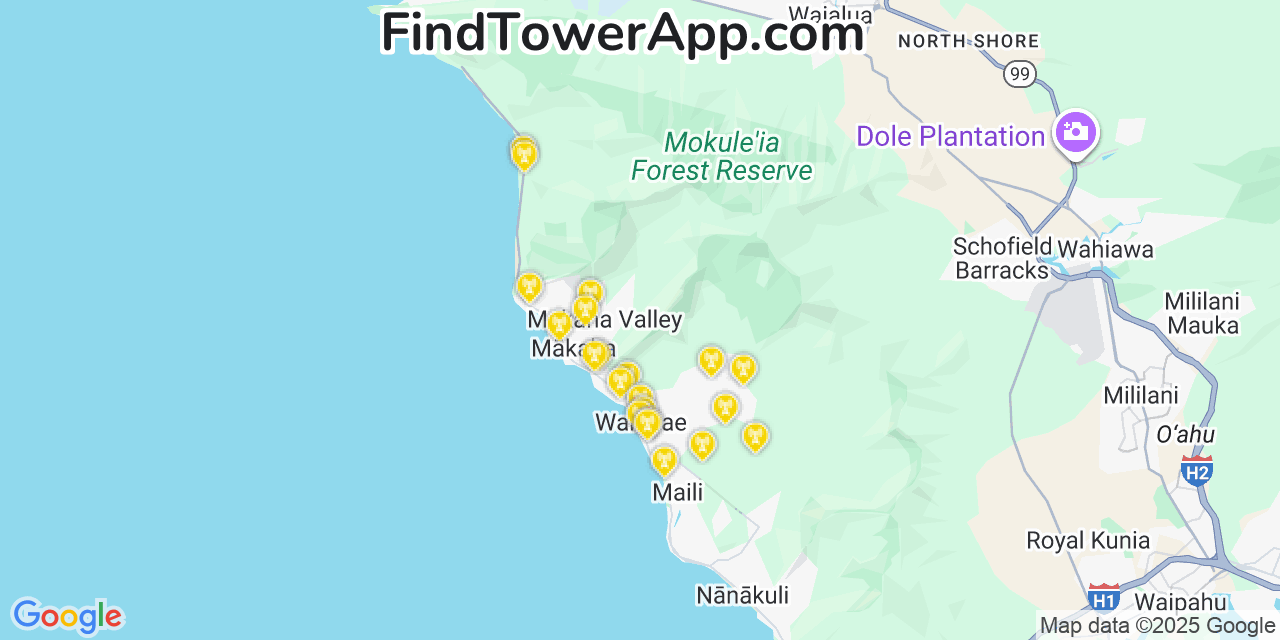 Map showing the 21 primary T-Mobile cell tower locations detected in Mākaha Valley, Hawaii with coverage radius and signal strength indicators