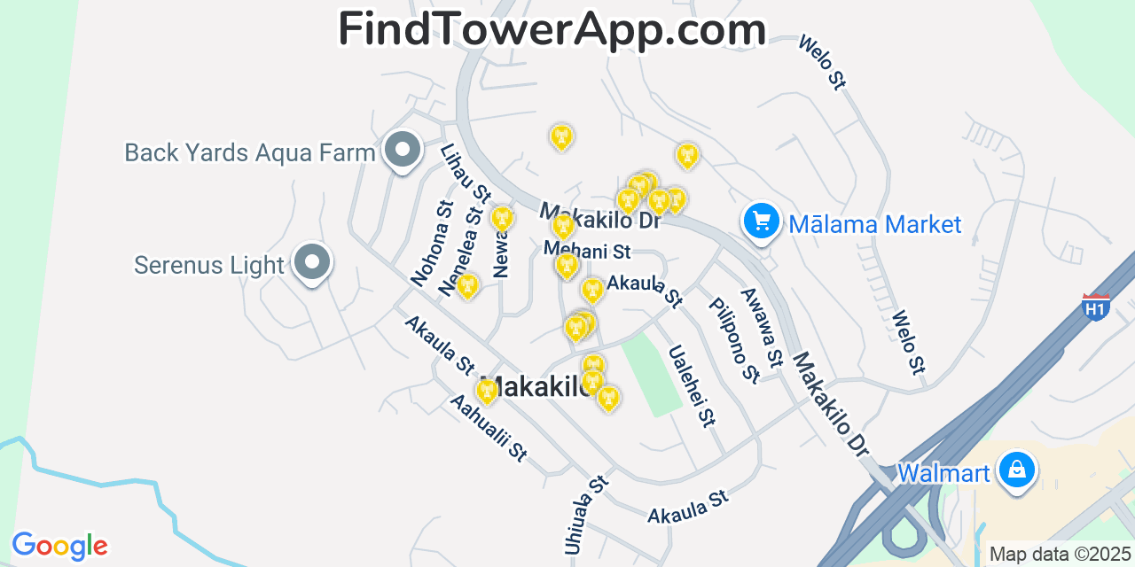 Map showing the 20 primary cell tower locations detected in Makakilo City, Hawaii from AT&T, Verizon, and T-Mobile networks