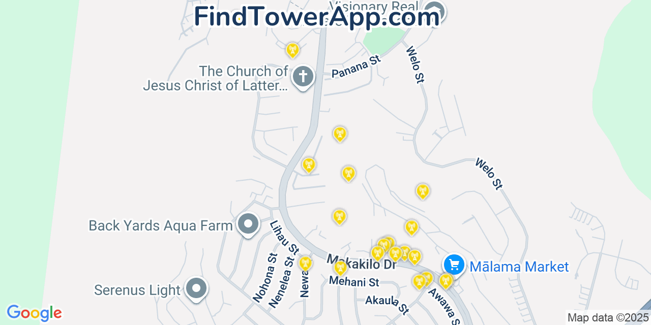 Map showing the 20 primary cell tower locations detected in Makakilo, Hawaii from AT&T, Verizon, and T-Mobile networks