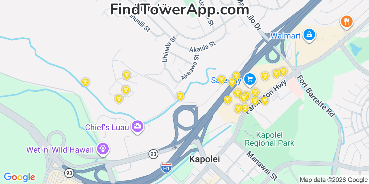 Map showing the 20 primary cell tower locations detected in Makakilo, Hawaii from AT&T, Verizon, and T-Mobile networks