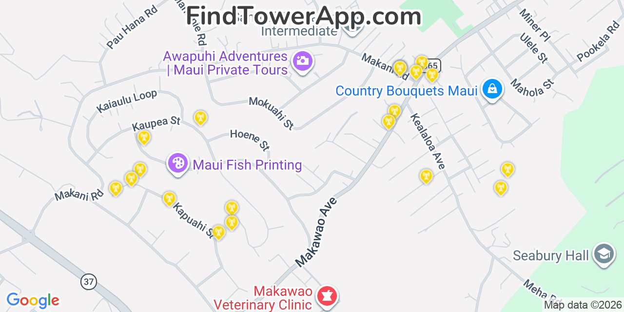 Map showing the 20 primary cell tower locations detected in Makawao, Hawaii from AT&T, Verizon, and T-Mobile networks