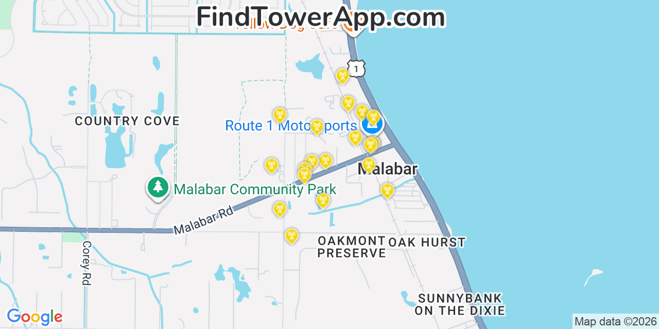 Map showing the 20 primary cell tower locations detected in Malabar, Florida from AT&T, Verizon, and T-Mobile networks