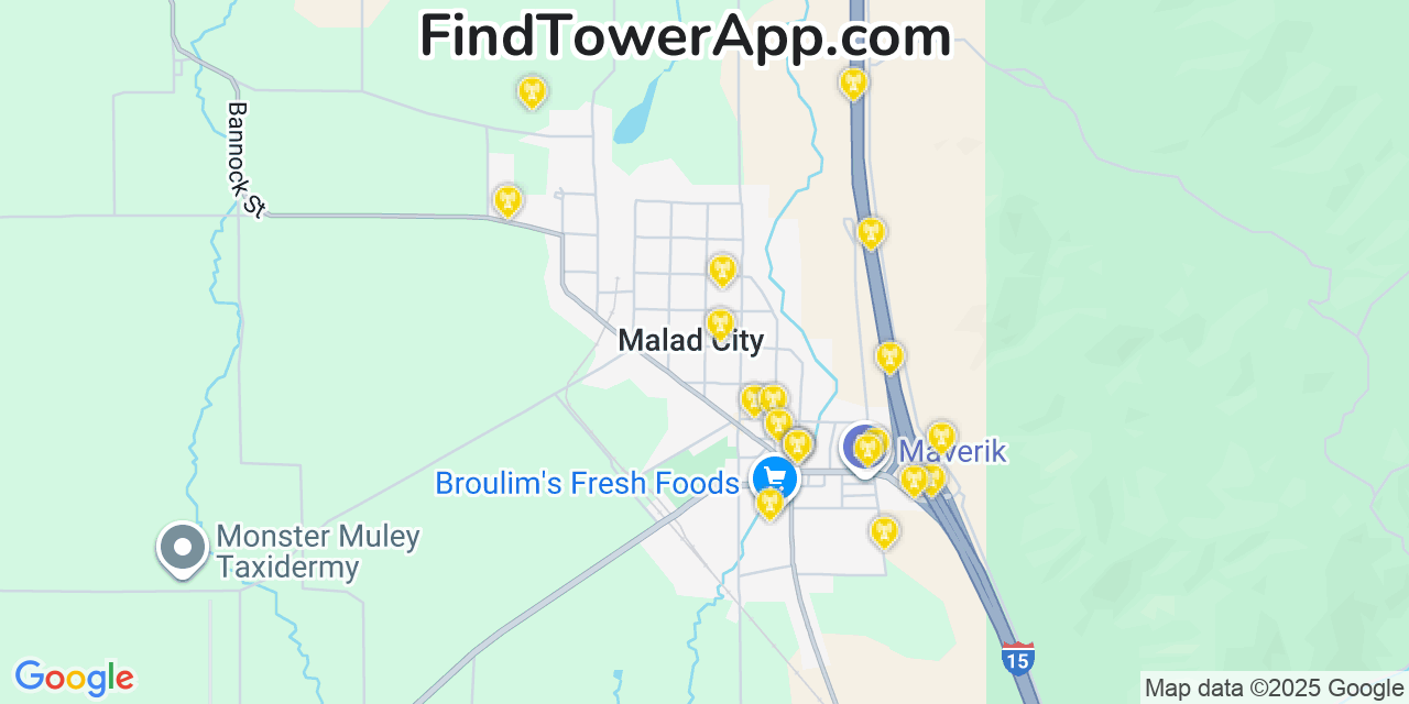 Map showing the 20 primary cell tower locations detected in Malad City, Idaho from AT&T, Verizon, and T-Mobile networks