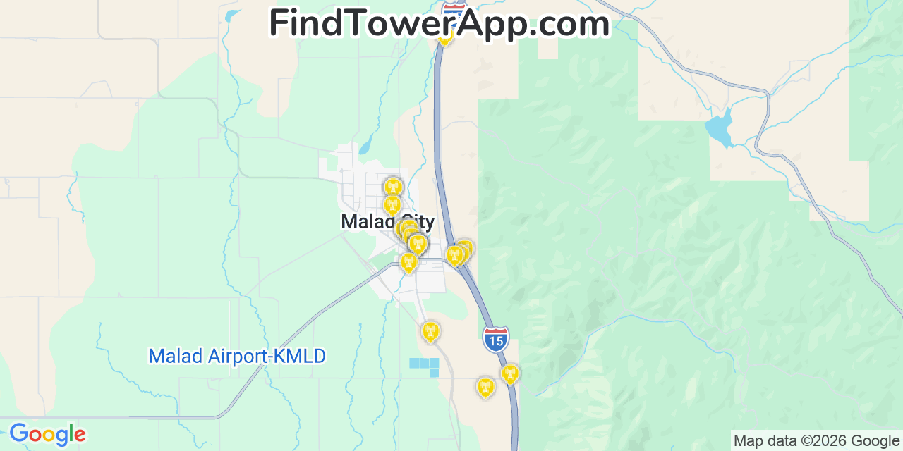 Map showing the 20 primary cell tower locations detected in Malad City, Idaho from AT&T, Verizon, and T-Mobile networks