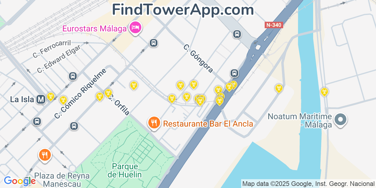 Map showing the 20 primary cell tower locations detected in Malaga, Spain with coverage areas and signal strength