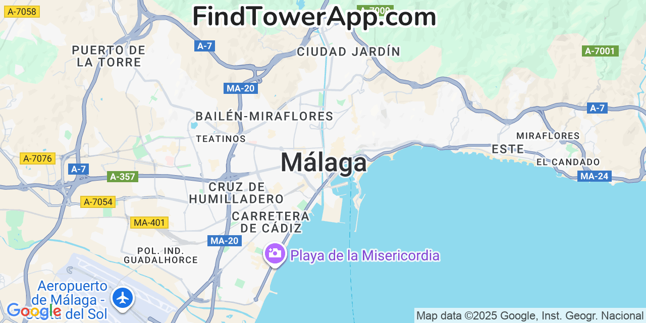 Map showing the 0 primary Vodafone cell tower locations detected in Malaga, Spain with coverage radius and signal strength indicators