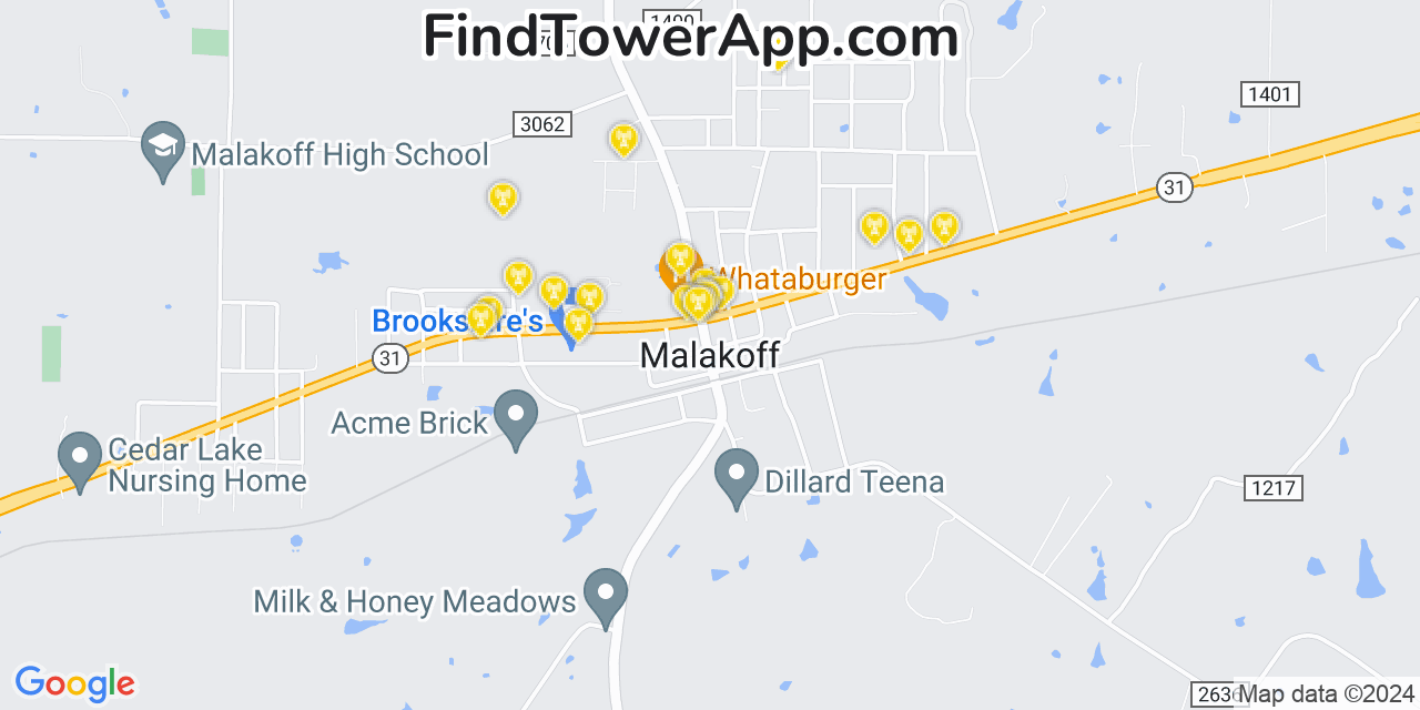 AT&T 4G/5G cell tower coverage map Malakoff, Texas