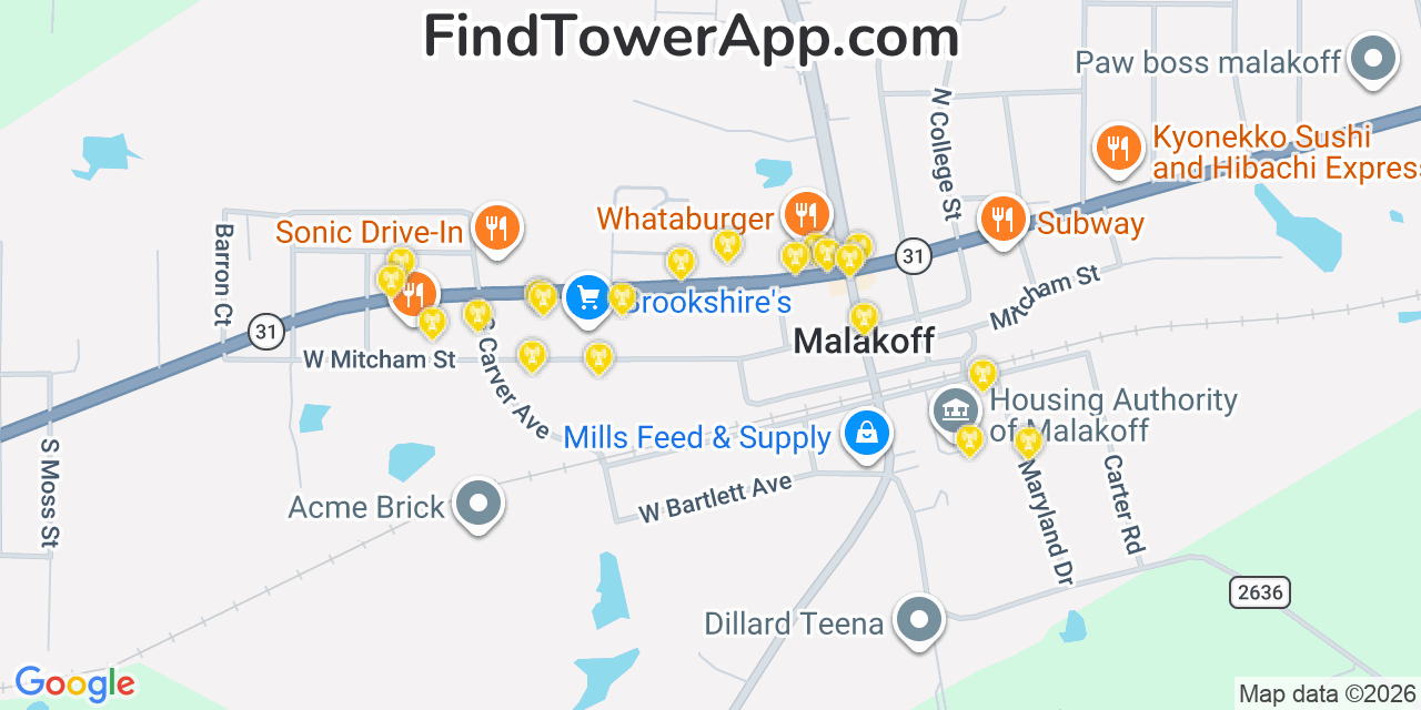 Map showing the 20 primary cell tower locations detected in Malakoff, Texas from AT&T, Verizon, and T-Mobile networks