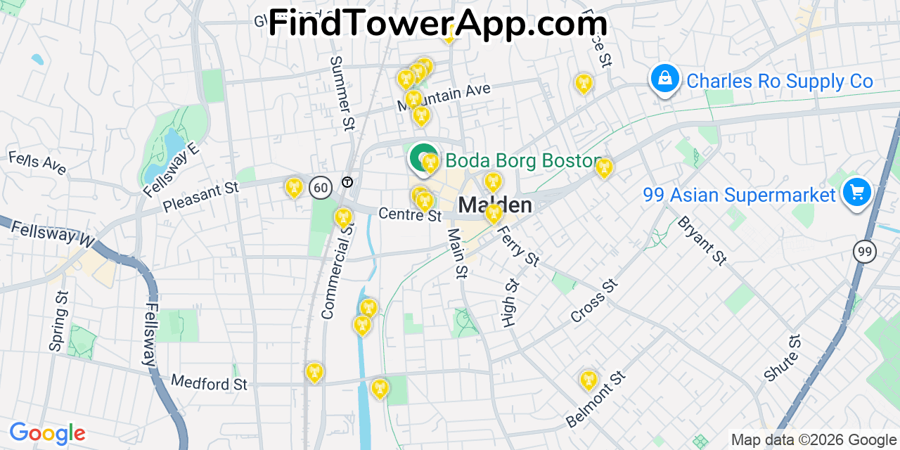 Map showing the 20 primary cell tower locations detected in Malden, Massachusetts from AT&T, Verizon, and T-Mobile networks