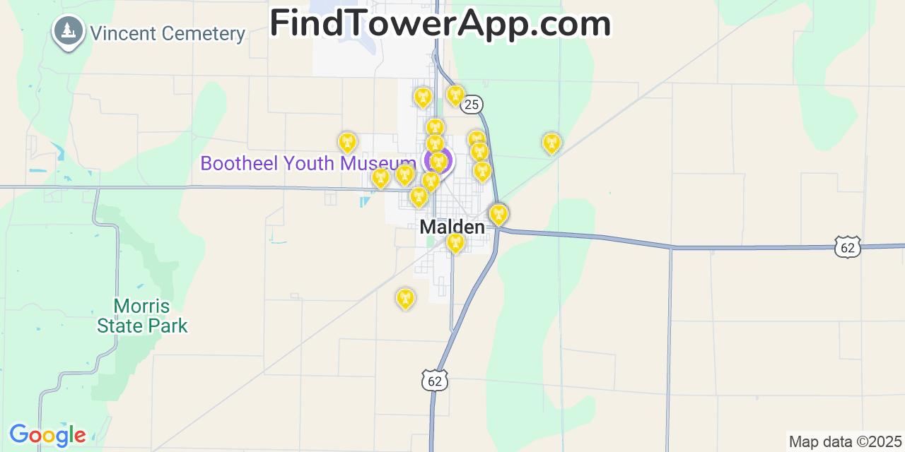 Map showing the 20 primary cell tower locations detected in Malden, Missouri from AT&T, Verizon, and T-Mobile networks