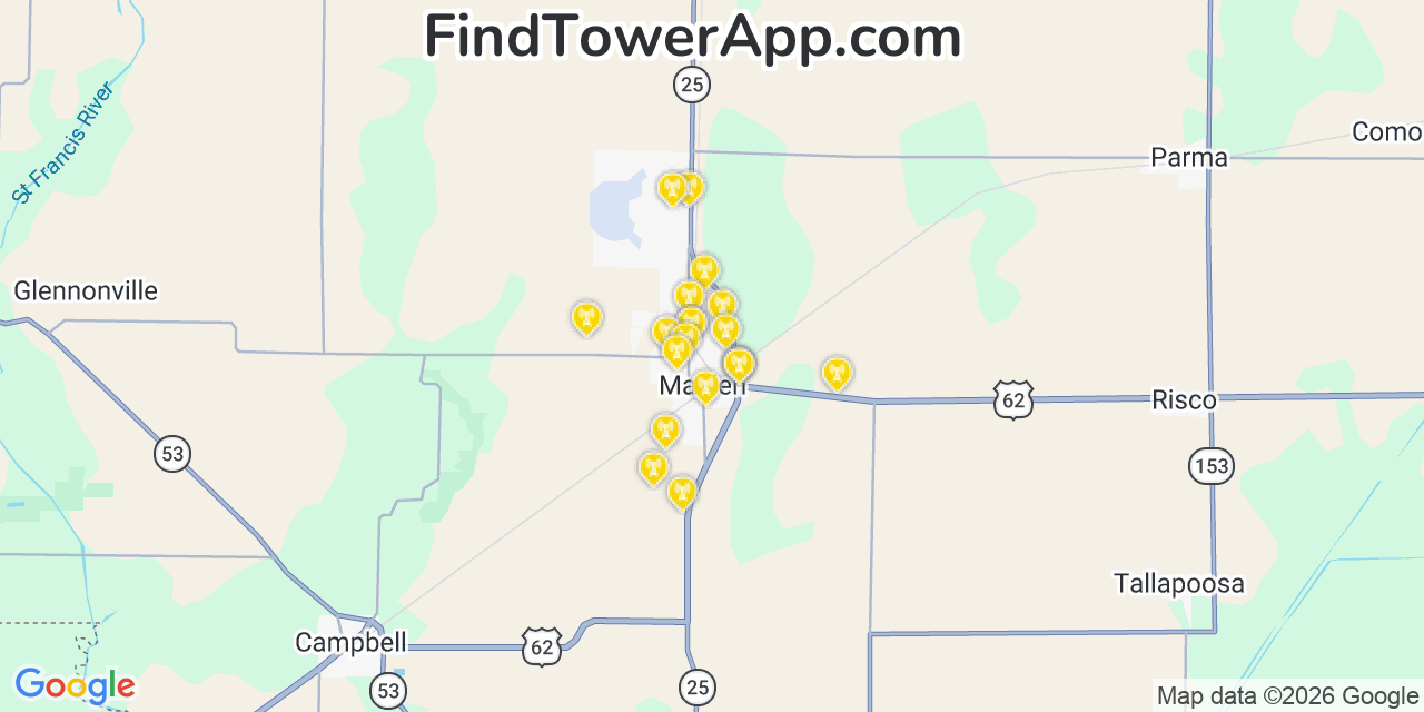 Map showing the 20 primary cell tower locations detected in Malden, Missouri from AT&T, Verizon, and T-Mobile networks