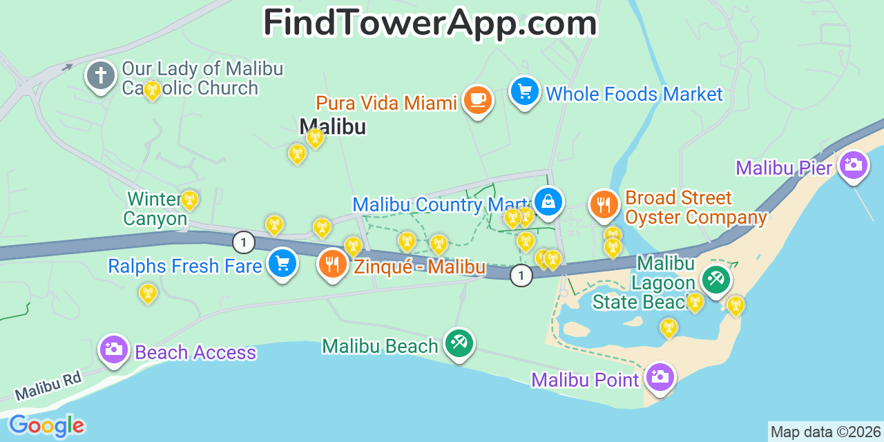Map showing the 20 primary cell tower locations detected in Malibu Beach, California from AT&T, Verizon, and T-Mobile networks