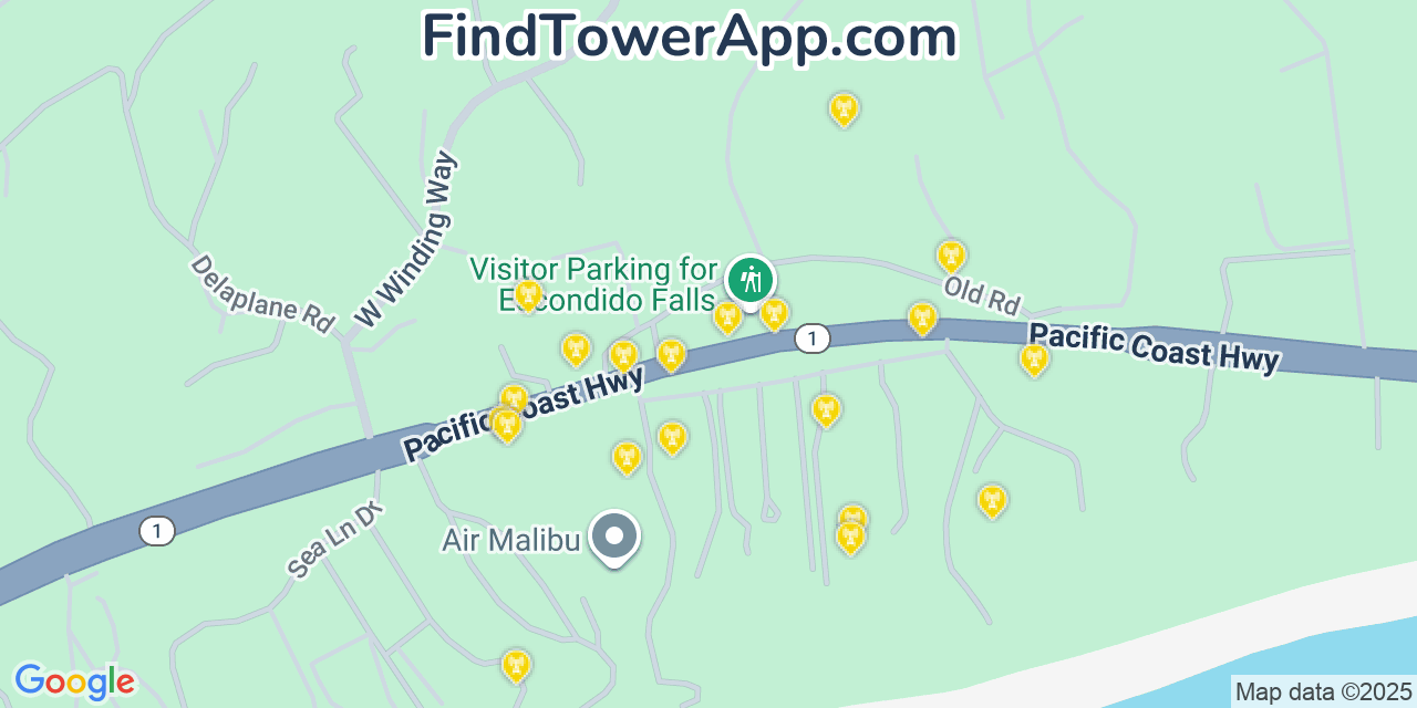 Map showing the 20 primary cell tower locations detected in Malibu, California from AT&T, Verizon, and T-Mobile networks