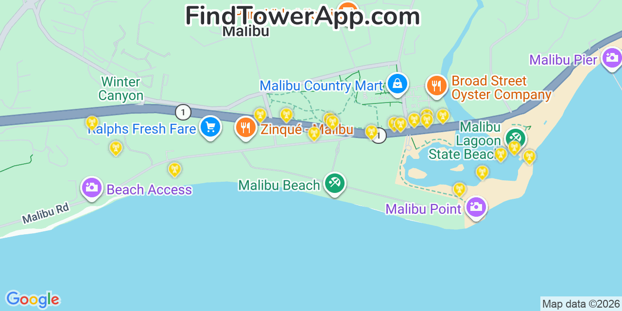 Map showing the 20 primary cell tower locations detected in Malibu, California from AT&T, Verizon, and T-Mobile networks