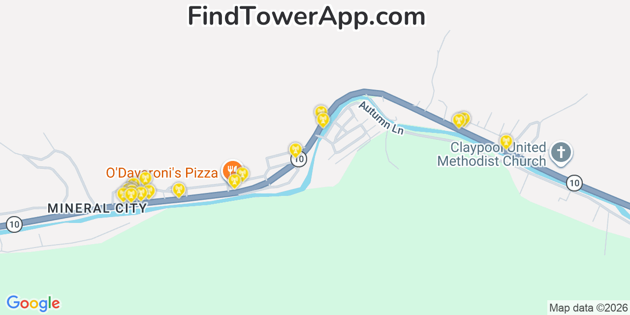Map showing the 20 primary cell tower locations detected in Mallory, West Virginia from AT&T, Verizon, and T-Mobile networks