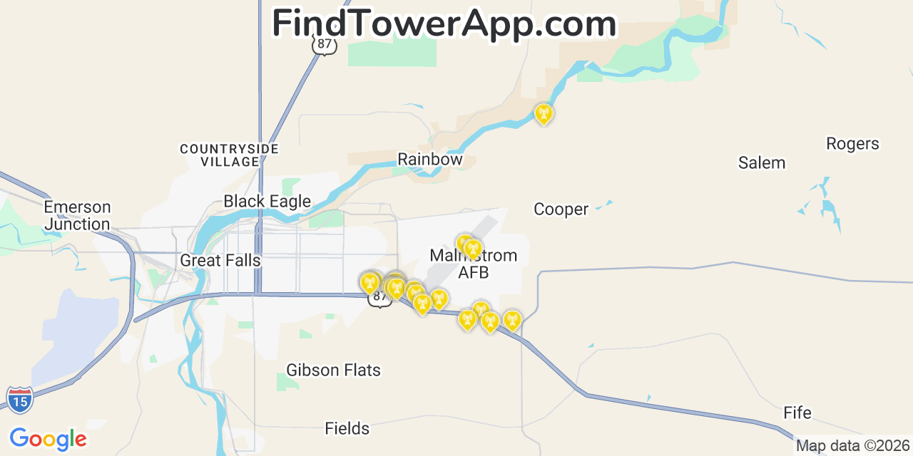 Map showing the 20 primary cell tower locations detected in Malmstrom Air Force Base, Montana from AT&T, Verizon, and T-Mobile networks