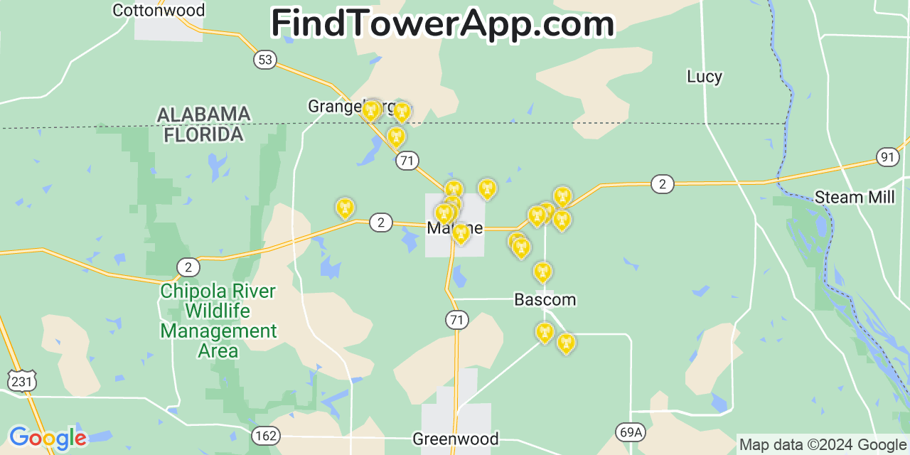 AT&T 4G/5G cell tower coverage map Malone, Florida