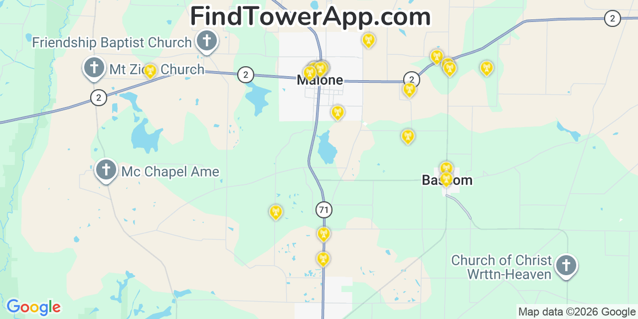 Map showing the 20 primary cell tower locations detected in Malone, Florida from AT&T, Verizon, and T-Mobile networks
