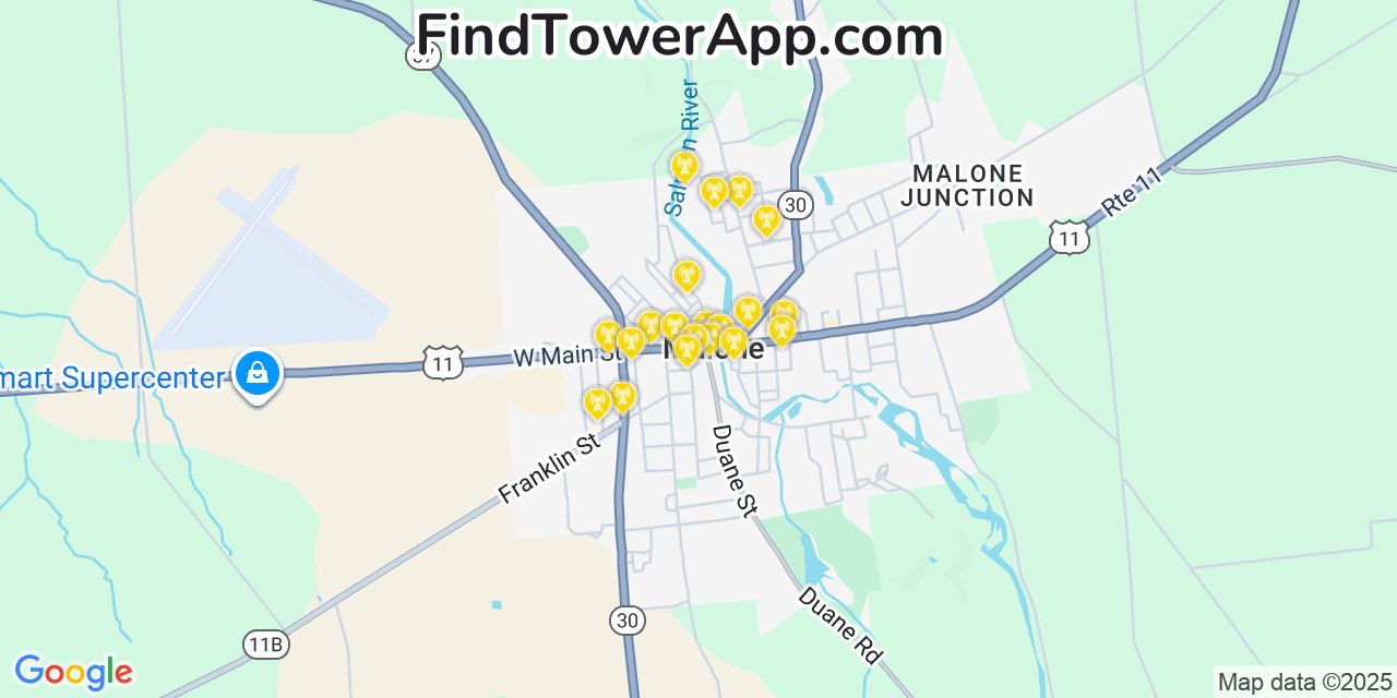 Map showing the 20 primary cell tower locations detected in Malone, New York from AT&T, Verizon, and T-Mobile networks