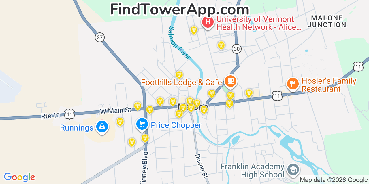 Map showing the 20 primary cell tower locations detected in Malone, New York from AT&T, Verizon, and T-Mobile networks