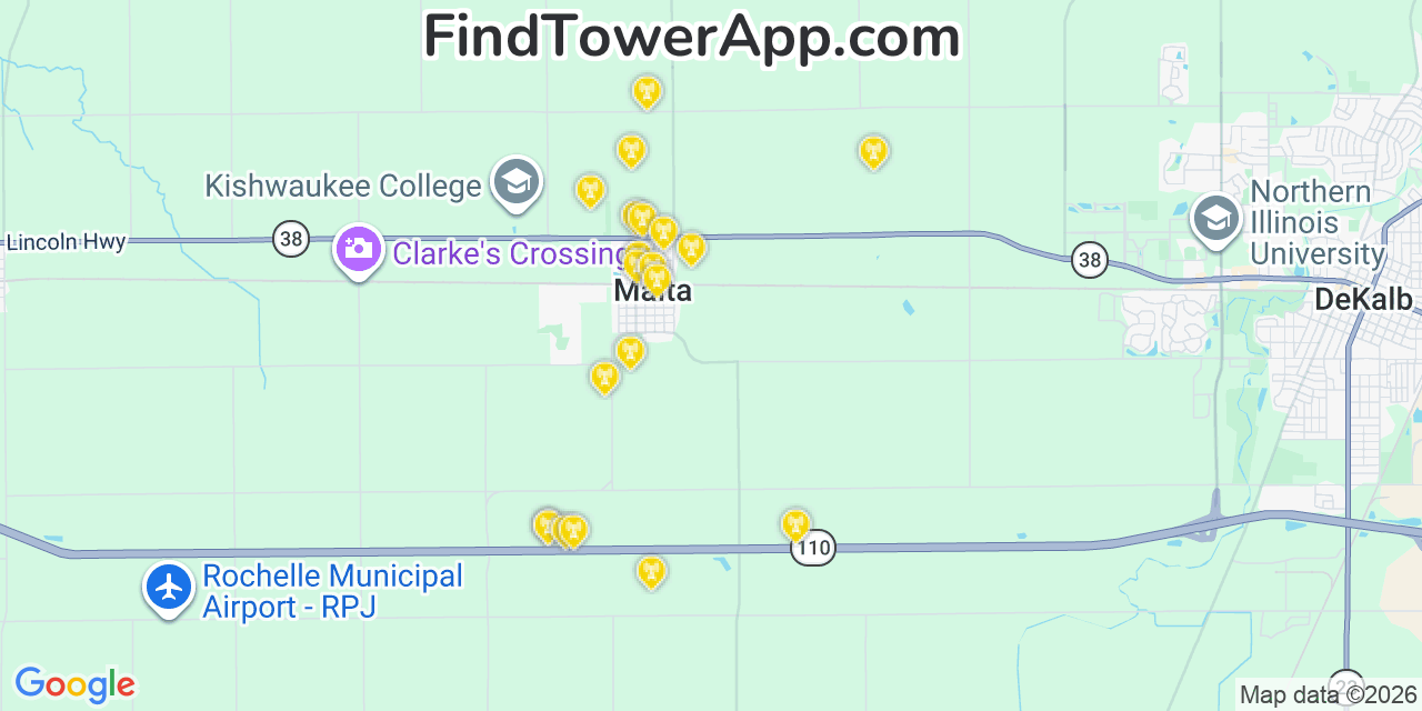 Map showing the 20 primary cell tower locations detected in Malta, Illinois from AT&T, Verizon, and T-Mobile networks