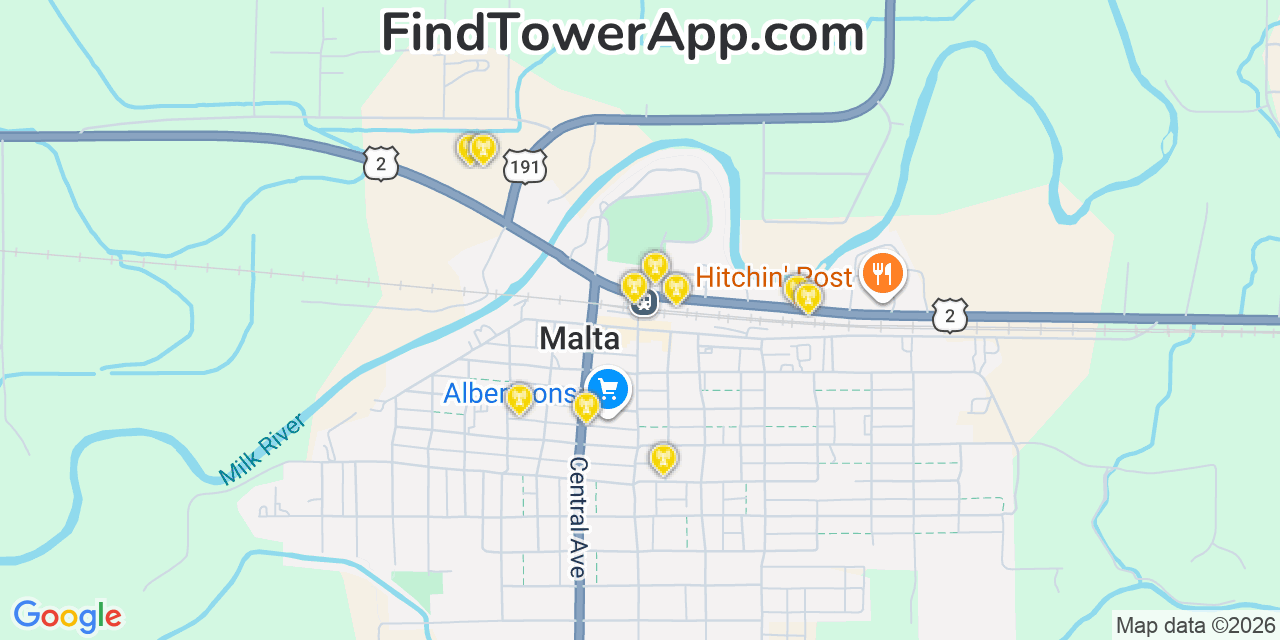 Map showing the 20 primary cell tower locations detected in Malta, Montana from AT&T, Verizon, and T-Mobile networks