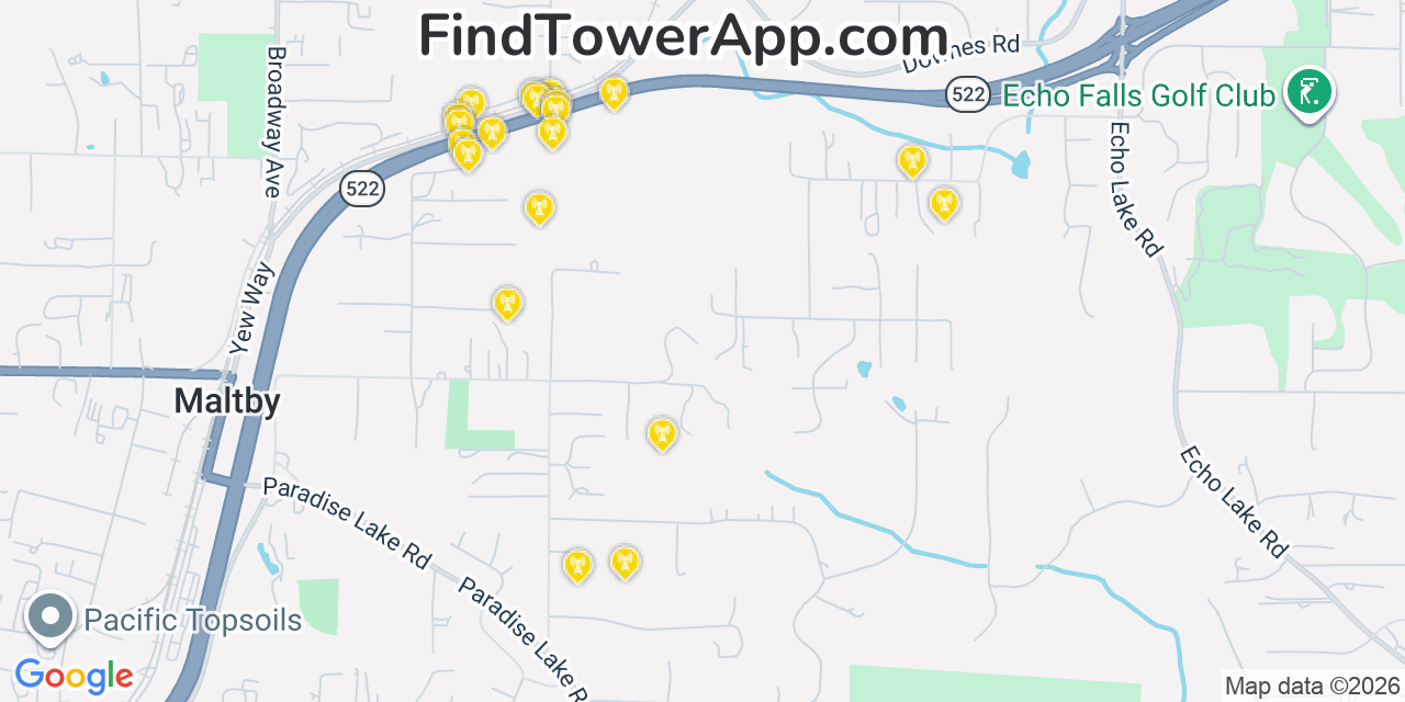 Map showing the 20 primary cell tower locations detected in Maltby, Washington from AT&T, Verizon, and T-Mobile networks