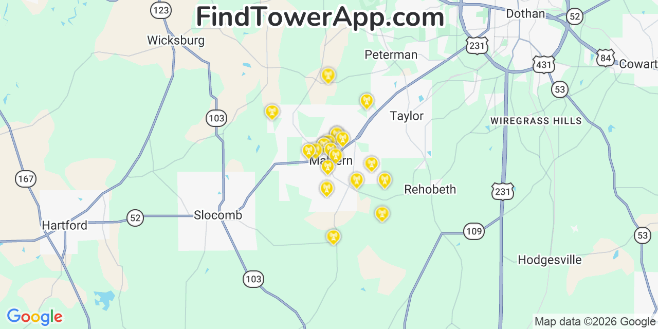 Map showing the 20 primary cell tower locations detected in Malvern, Alabama from AT&T, Verizon, and T-Mobile networks
