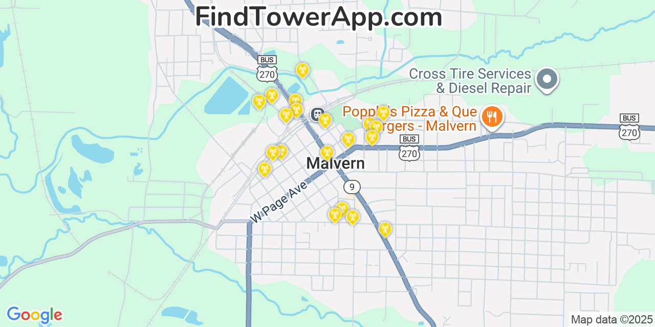 Map showing the 20 primary cell tower locations detected in Malvern, Arkansas from AT&T, Verizon, and T-Mobile networks