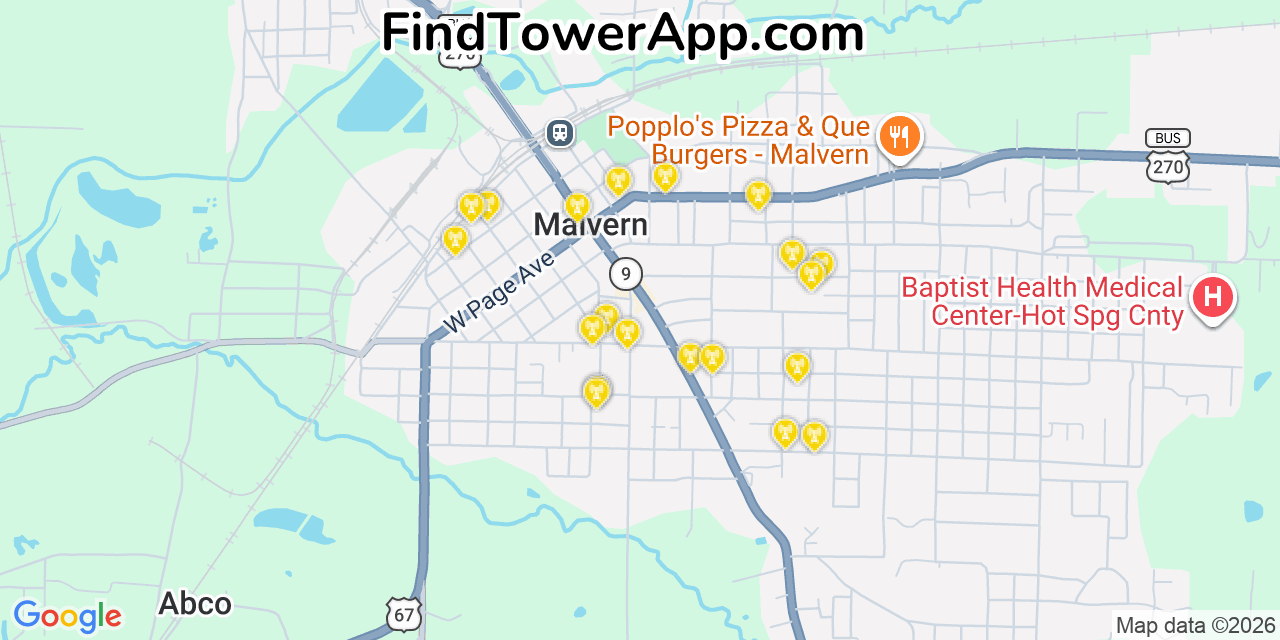 Map showing the 20 primary cell tower locations detected in Malvern, Arkansas from AT&T, Verizon, and T-Mobile networks