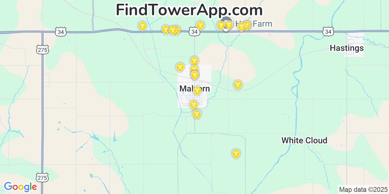 Map showing the 20 primary cell tower locations detected in Malvern, Iowa from AT&T, Verizon, and T-Mobile networks