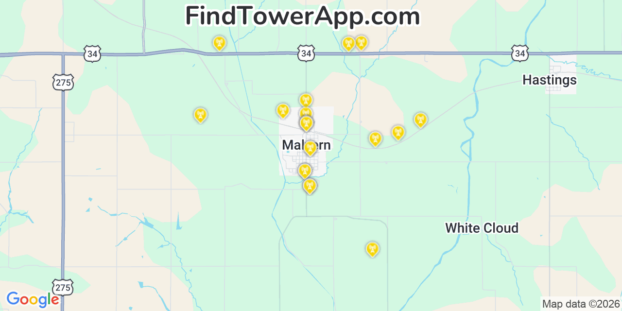 Map showing the 20 primary cell tower locations detected in Malvern, Iowa from AT&T, Verizon, and T-Mobile networks