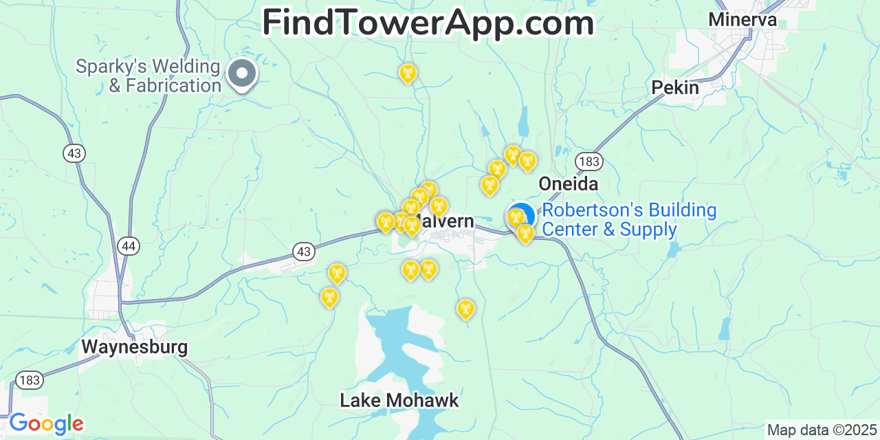 Map showing the 20 primary cell tower locations detected in Malvern, Ohio from AT&T, Verizon, and T-Mobile networks