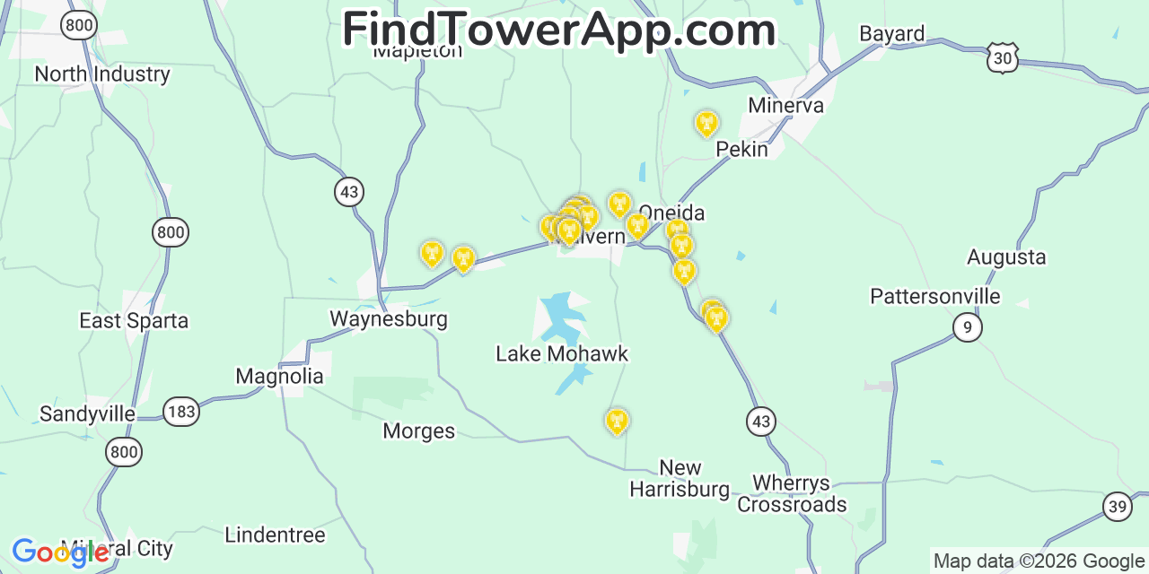 Map showing the 20 primary cell tower locations detected in Malvern, Ohio from AT&T, Verizon, and T-Mobile networks