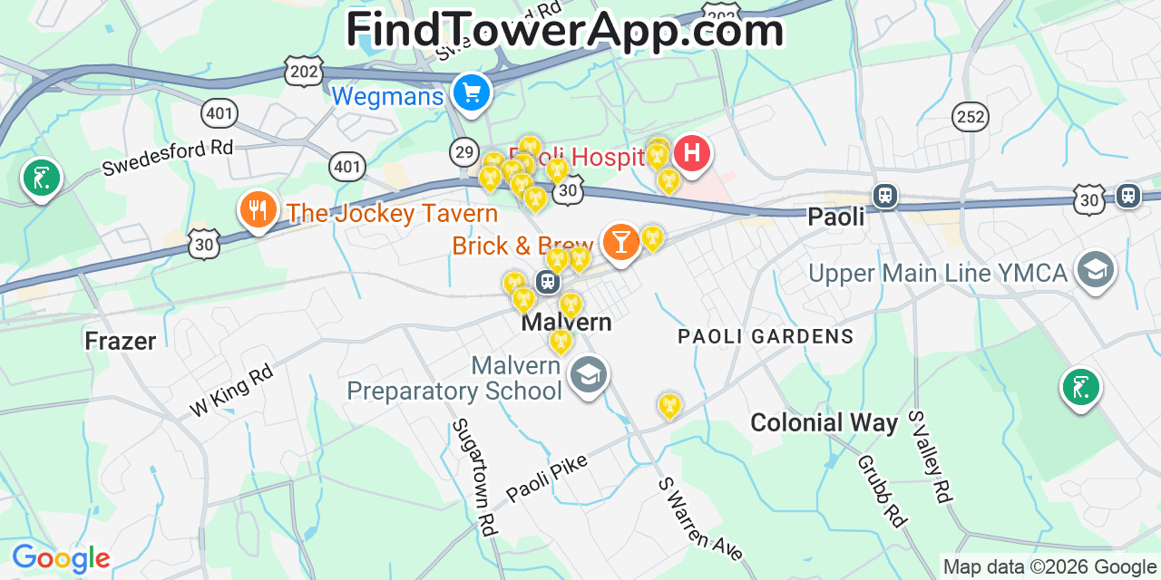 Map showing the 20 primary cell tower locations detected in Malvern, Pennsylvania from AT&T, Verizon, and T-Mobile networks