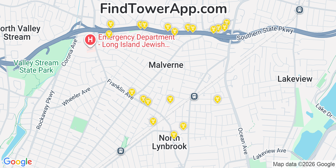 Map showing the 20 primary cell tower locations detected in Malverne, New York from AT&T, Verizon, and T-Mobile networks
