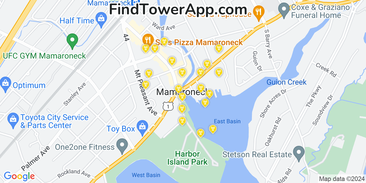 AT&T 4G/5G cell tower coverage map Mamaroneck, New York