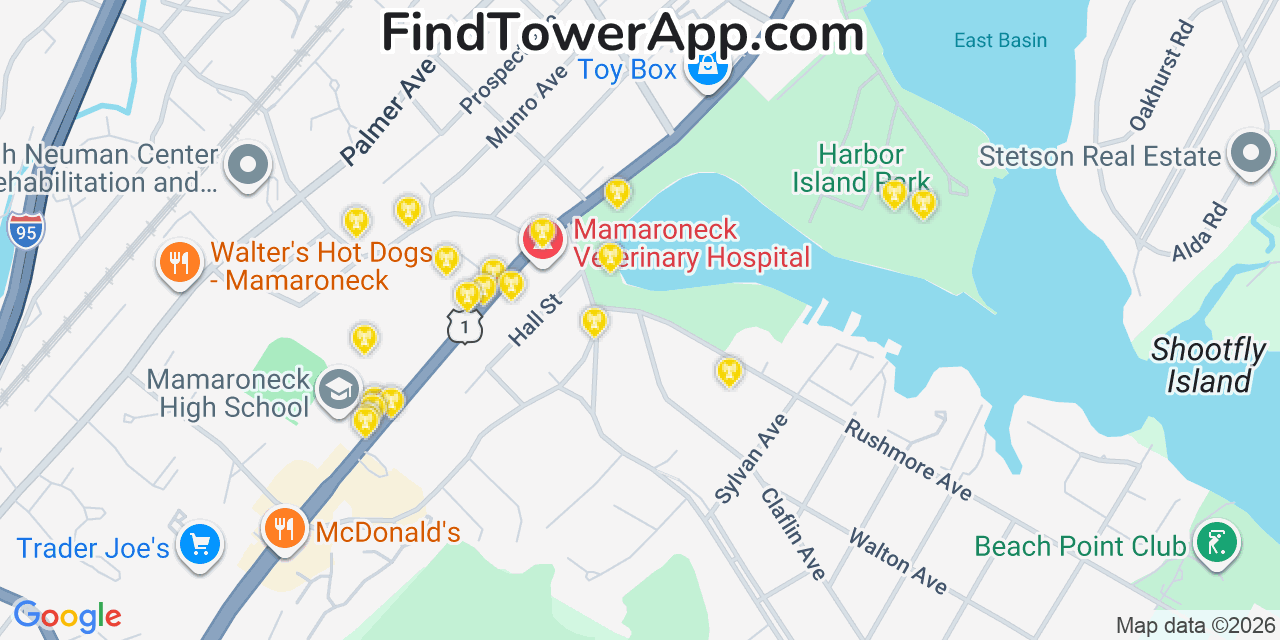 Map showing the 20 primary cell tower locations detected in Mamaroneck, New York from AT&T, Verizon, and T-Mobile networks