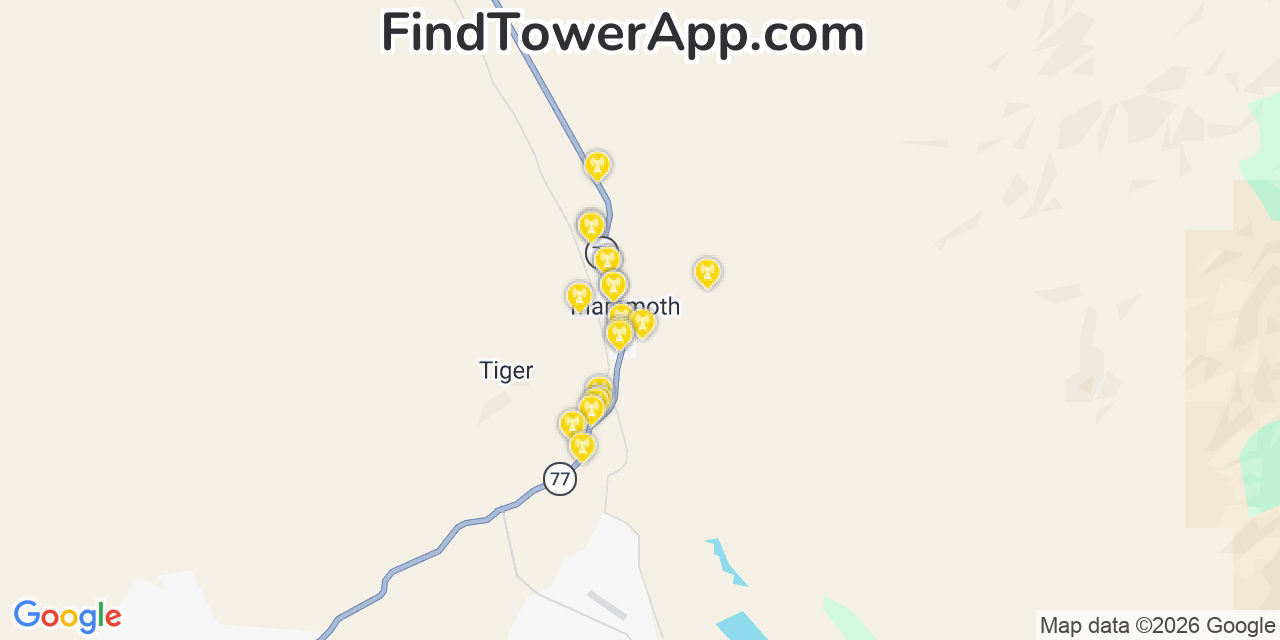 Map showing the 20 primary cell tower locations detected in Mammoth, Arizona from AT&T, Verizon, and T-Mobile networks
