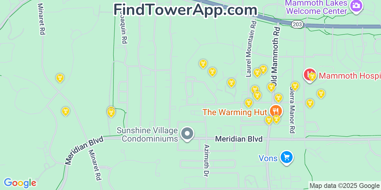 Map showing the 20 primary cell tower locations detected in Mammoth Lakes, California from AT&T, Verizon, and T-Mobile networks