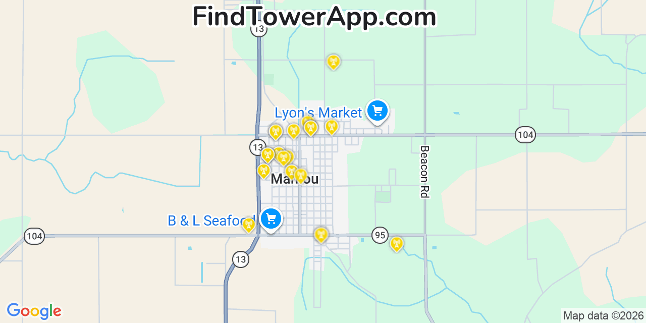 Map showing the 20 primary cell tower locations detected in Mamou, Louisiana from AT&T, Verizon, and T-Mobile networks