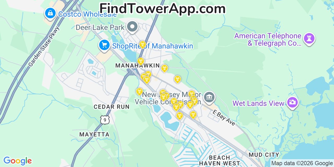 Map showing the 20 primary cell tower locations detected in Manahawkin, New Jersey from AT&T, Verizon, and T-Mobile networks