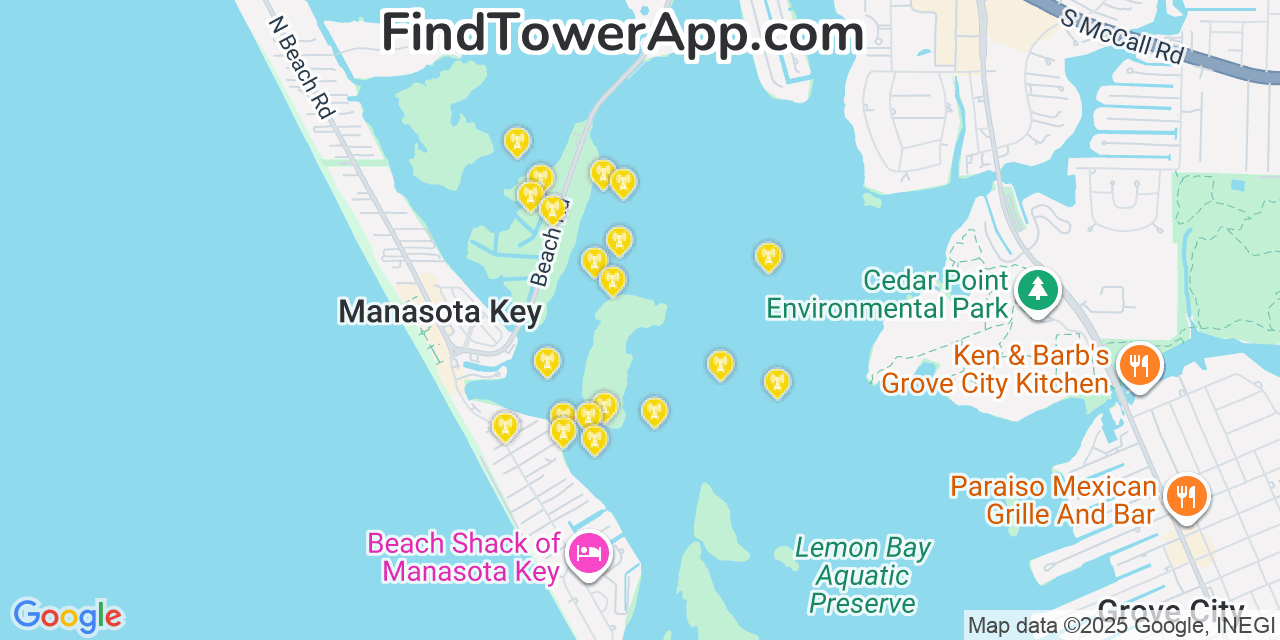 Map showing the 20 primary cell tower locations detected in Manasota Key, Florida from AT&T, Verizon, and T-Mobile networks