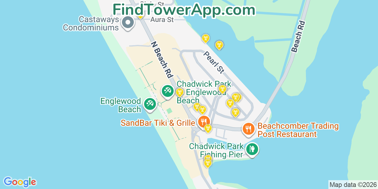 Map showing the 20 primary cell tower locations detected in Manasota Key, Florida from AT&T, Verizon, and T-Mobile networks